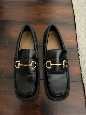 H&M Black Leather Loafers with Gold Horsebit Detail